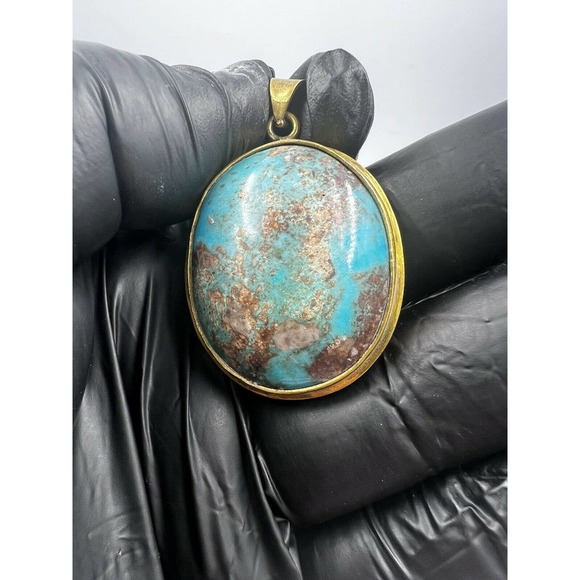 Natural Turquoise Pendant Metal Brass Handmade With Rope - Picture 3 of 11
